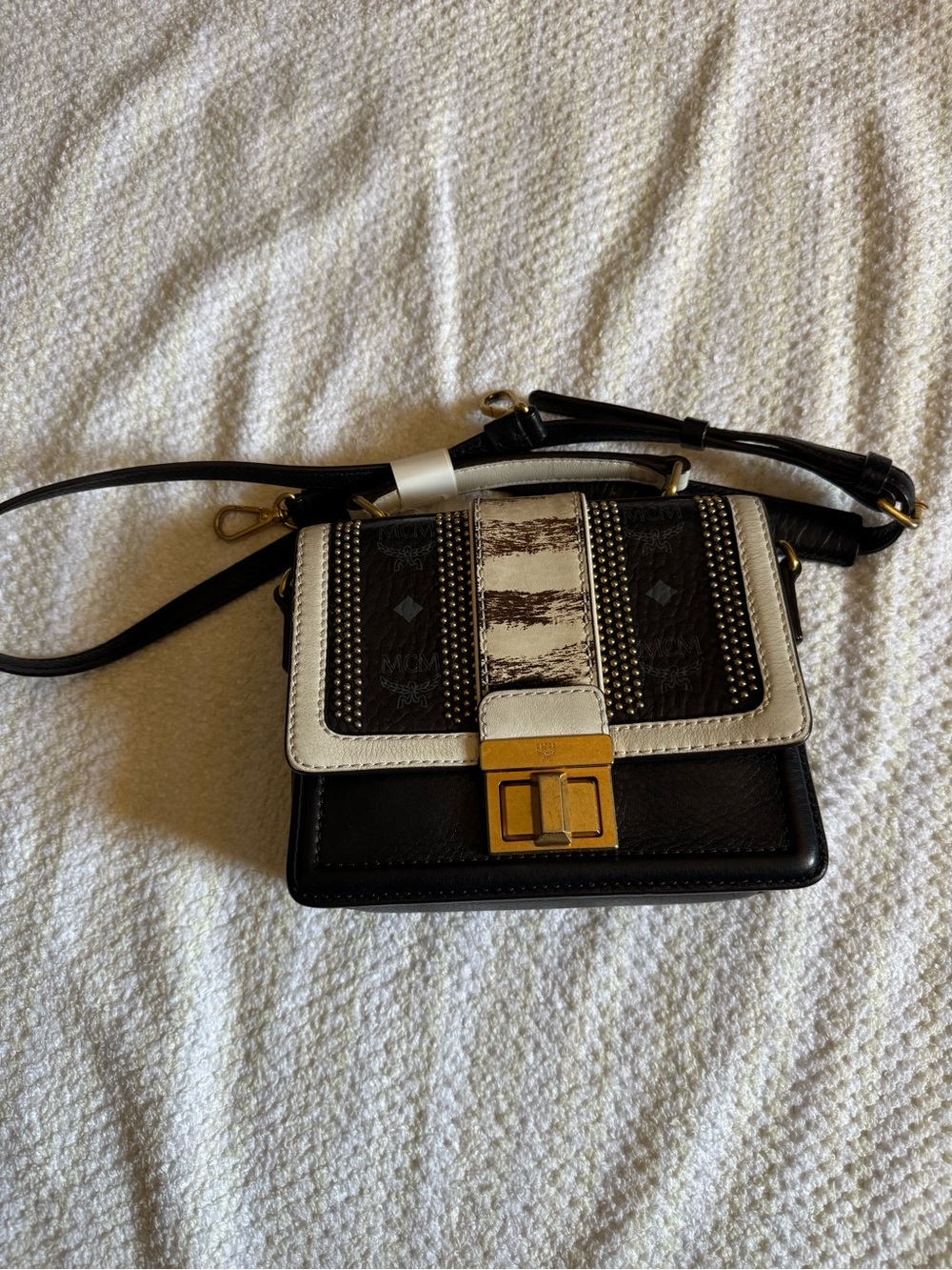 MCM Black and Cream Crossbody with Gold Lock